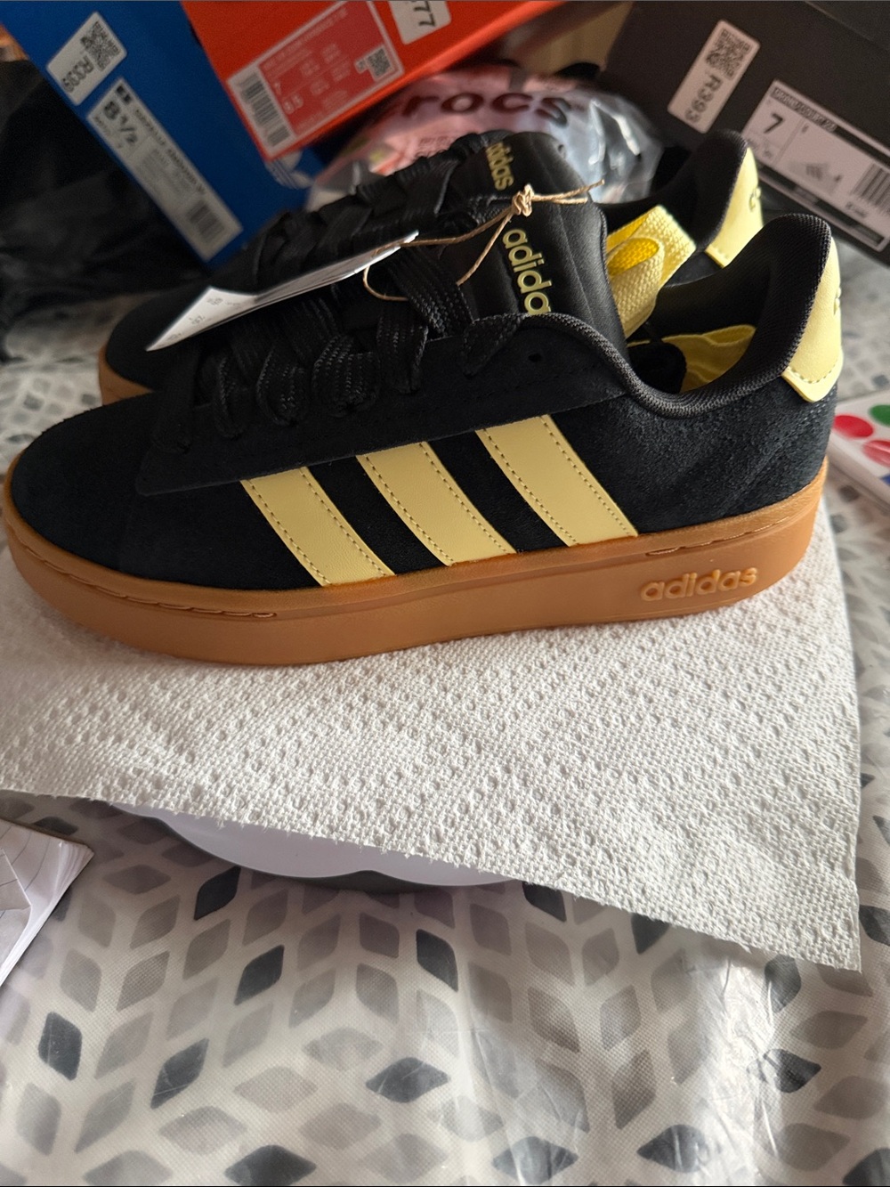 adidas Kids Black Suede Sneakers with Yellow Stripes and Gum Sole